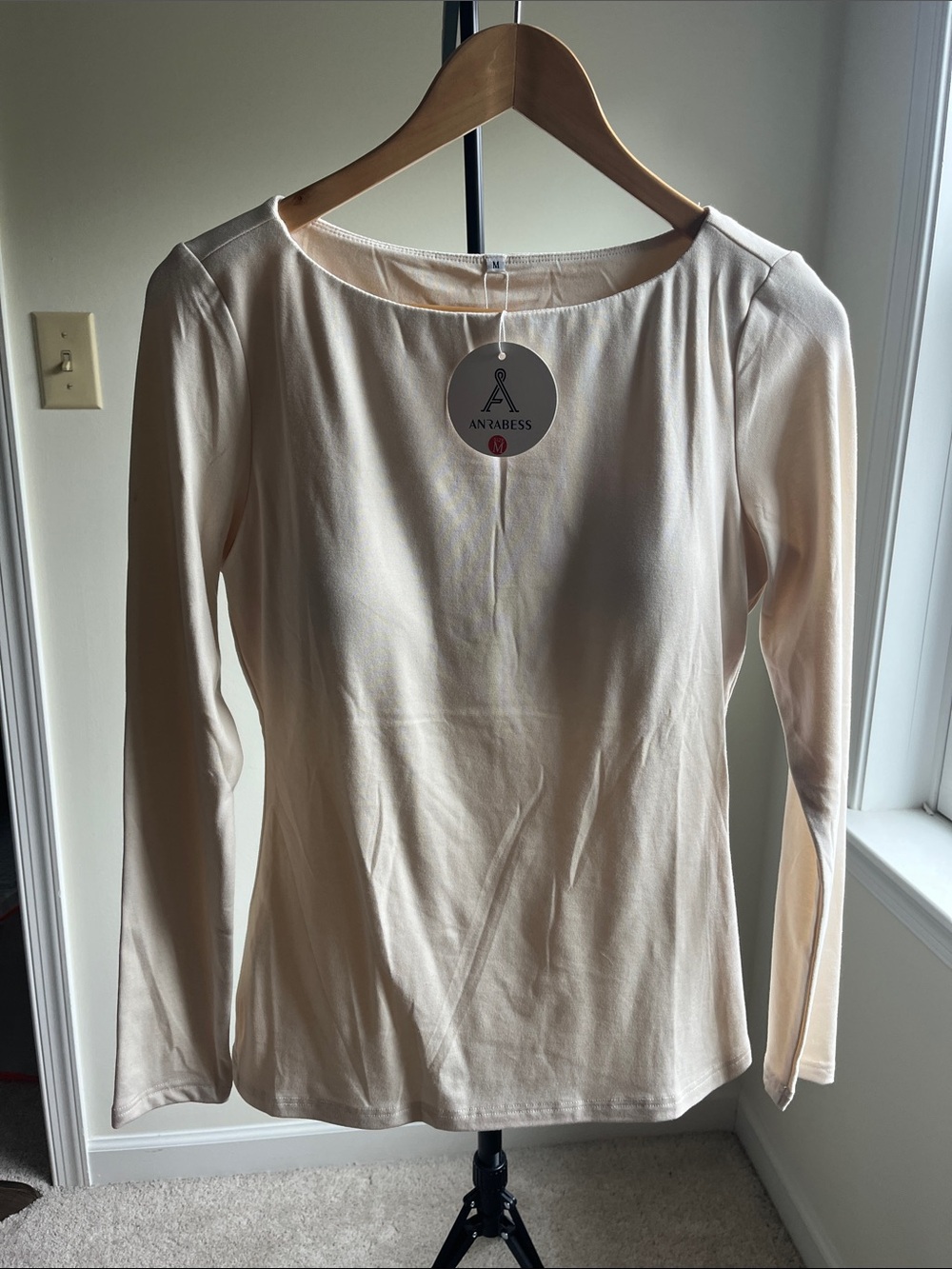 Long Sleeve Scoop Neck Top in Cream with Built in Bra
